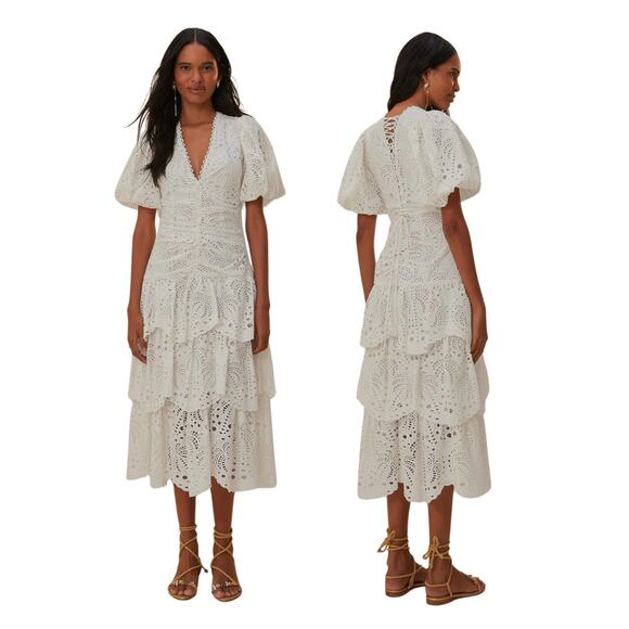 FARM Rio Dresses & Skirts - Farm Rio 100% Cotton Eyelet Midi Dress Puff Sleeve Tiered Cottage Farm Summer S
